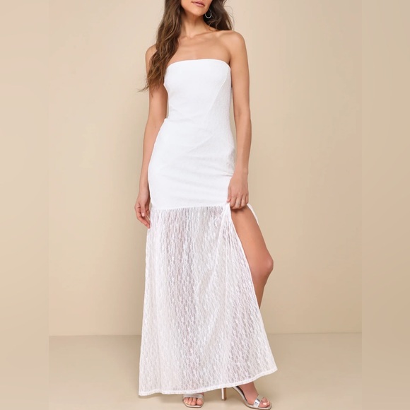 Lulus Dresses & Skirts - Dreamy Sunsets Ivory Lace Strapless Midi Dress by LULUS size Large L NEW NWT